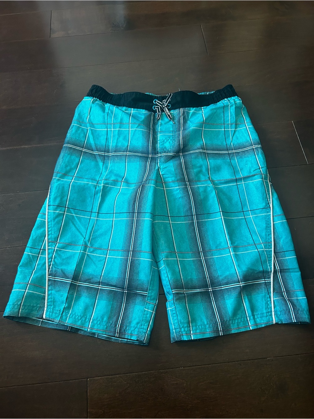 ZeroXposur Teal Plaid Swim Shorts with Black Waistband
